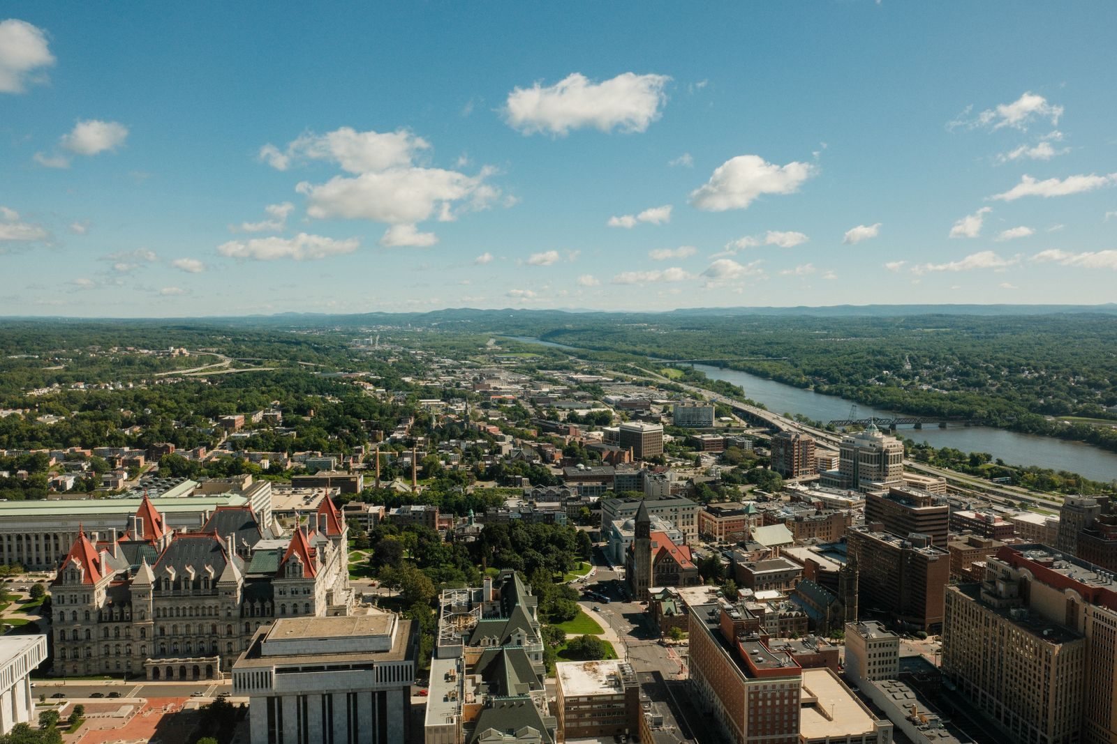 Aerial view of Albany and the Hudson River, the home port for Hudson River cruise Albany departures from 2027