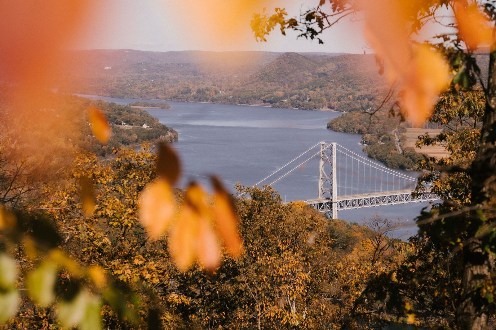 Orange autumn leaves framing the Bear Mountain Bridge over the Hudson, a highlight of fall foliage river cruises